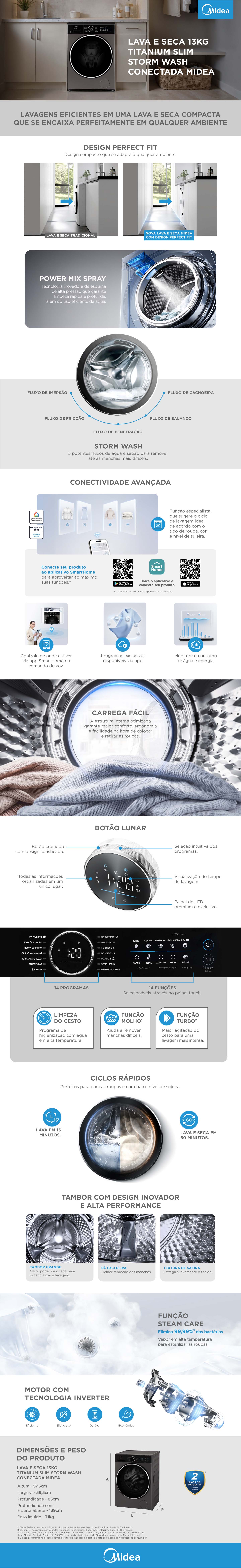 Lava e Seca 13kg Titanium Slim Storm Wash Conectada Midea | Midea
